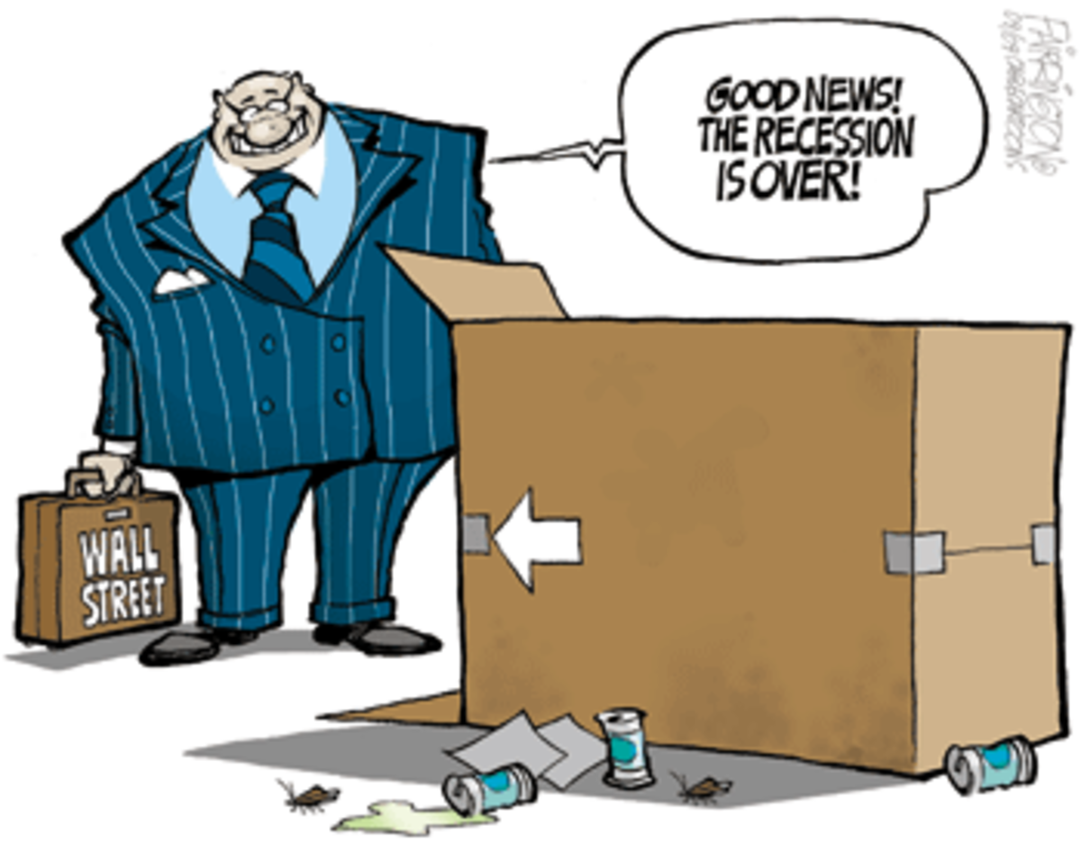 Fat CEO Cartoon Living in A Cardboard Box - The Recession is Over