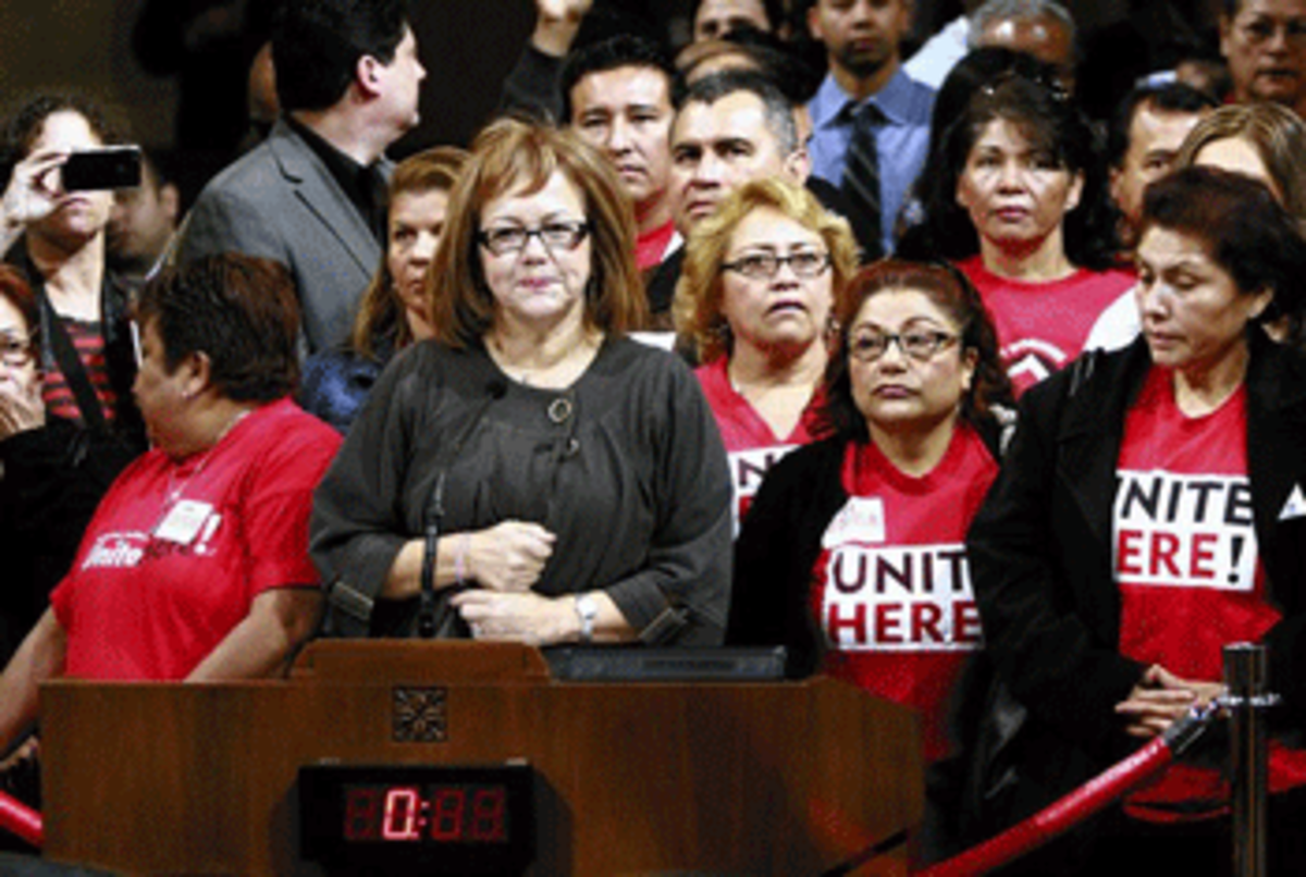 Maria Elena Durazo, center says labor leaders hope a coming Los Angeles proposal to require large hotels to pay workers at least $15 an hour will spread to other industries. (Bob Chamberlin, Los Angeles Times)