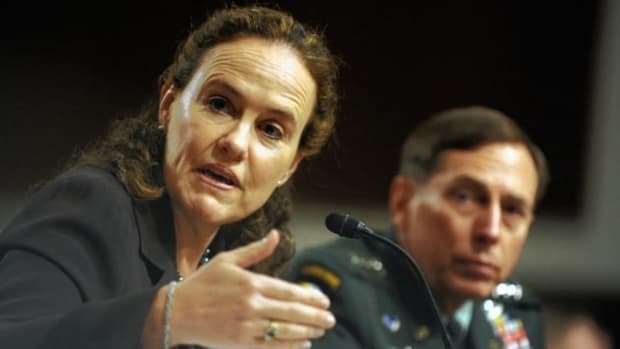 Then U.S. Undersecretary of Defense for Policy Michele Flournoy, pcitured with Commander of the US Central Command Army Gen. David Petraeus (background), testifies during a hearing before the House Armed Services Committee June 16, 2010 on Capitol Hill in Washington, DC. The hearing was to focus on developments in Afghanistan. (Photo: Alex Wong/Getty Images) 
