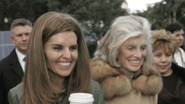 Maria Shriver, wife of California Gov. Arnold Schwarzenegger, and her mother, Eunice Kennedy Shriver, leave the inaugural kick-off at Sacramento's Capitol Park.