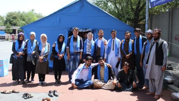 Afghan Peace Volunteers meet with members of the People's Peace Movement outside Kabul's U.K. embassy July 29 2018. photo credit: Dr. Hakim
