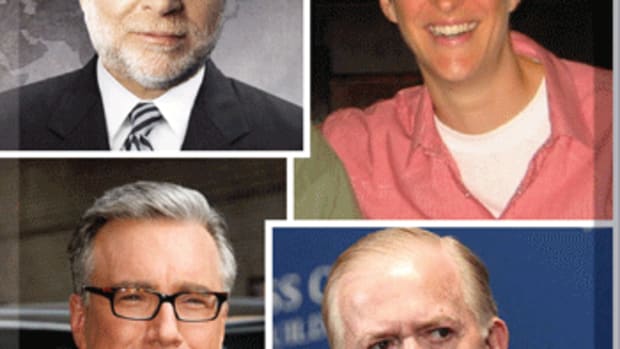 Wolf Blitzer, Rachel Maddow, Lou Dobbs, and Keith Olberman, clockwise from upper left.