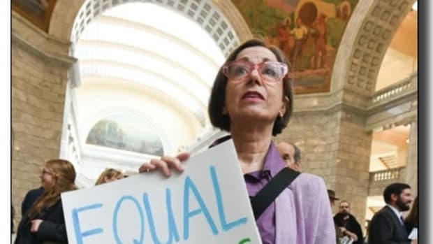 Susan Radtke with Fair Utah joins other local supporters of the Equal Rights Amendment as they rally at the Utah Capitol on Tuesday, Dec. 3, 2019, to encourage Utah to ratify the ERA. (Francisco Kjolseth | The Salt Lake Tribune)