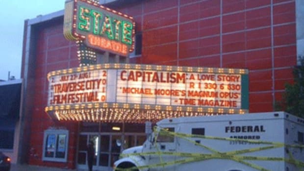 Outside a Traverse City, Michigan, theatre. Photo courtesy MichaelMoore.com.