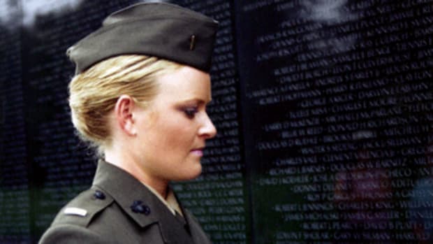 Lieutenant Elle Helmer at the Vietnam War Memorial, US Marine Corps.