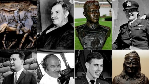 Top row, from left: memorial to Robert Gould Shaw in Boston; Alvin York; a bust of Lt. Henry Flipper; then-Capt. Josephine Nesbit; bottom row, from left: Daniel Inouye in 1959; George McGovern in 1972; Chief Warrant Officer Hugh Thompson in 1969; a bust of Geronimo in the museum at Ft. Sill in Oklahoma. (Associated Press)