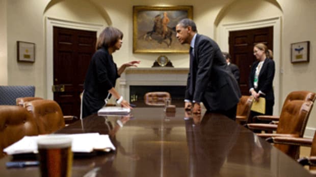 President Barack Obama talks with Melody Barnes, Domestic Policy Council Director, following a meeting in the Roosevelt Room of the White House, June 2, 2011. (Photo: Pete Souza)