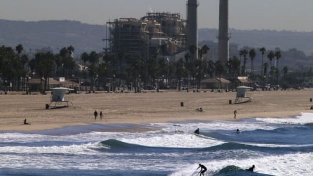 Poseidon Resources wants to build a large seawater desalination plant next to the AES power station in Huntington Beach, pictured in the background.(Mark Boster / Los Angeles Times)