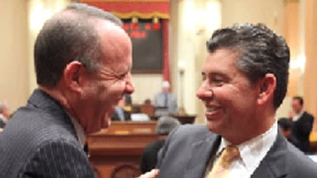 Finished: California's Senate leader, Darrell Steinberg (left), congratulates GOP Sen. Abel Maldonado for casting the vote that ended a three-month budget impasse (Photo credit:  Rich Pedroncelli/AP).