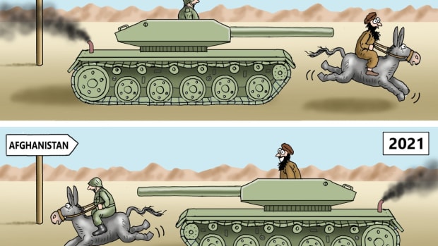The Taliban in Afghanistan will Fill the Chasm Left by US A cartoon of 2001 v. 2021. In 2001 a White man in green fatigues drives a tank towards a Middle Eastern man running away on a Donkey. In 2021, the Middle Eastern man is now in the tank and he is chasing the White man in fatigues (who is now riding the donkey) out of Afghanistan.