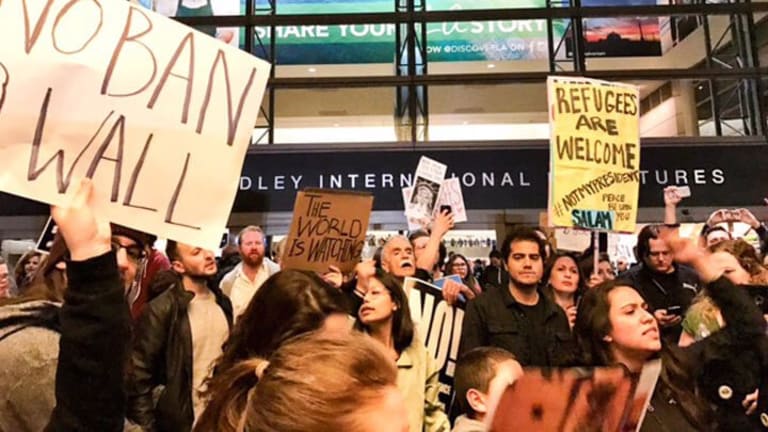 Immigrant Protectors at LAX Protest Trump's Muslim Ban