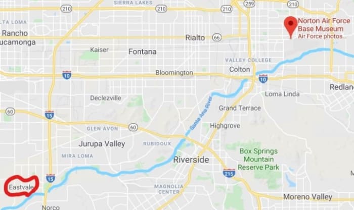 Let's follow the Santa Ana River downstream 20 miles from the former Norton Air Force Base, where the river winds just 2,000 feet from old fire-training areas, to Eastvale