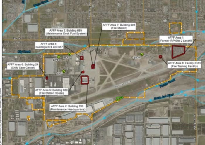 Eight locations at Norton Air Force Base were used for fire-fighting exercises. The sites are within a few thousand feet of the Santa Ana River. (AFFF is aqueous film-forming foam.) From the FINAL SITE INSPECTION REPORT FOR AFFF AREAS AT FORMER NORTON AIR FORCE BASE, August 2018.