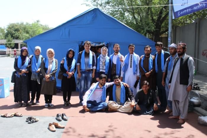 Afghan Peace Volunteers meet with members of the People's Peace Movement outside Kabul's U.K. embassy July 29 2018. photo credit: Dr. Hakim