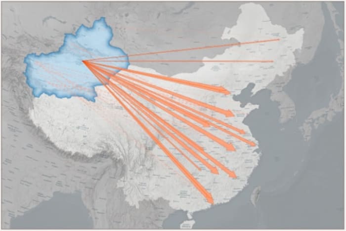Source: Australian Strategic Policy Institute’s International Cyber Policy Center, Uyghur Transfers from Xinjiang to other parts of China from 2017 to 2020)