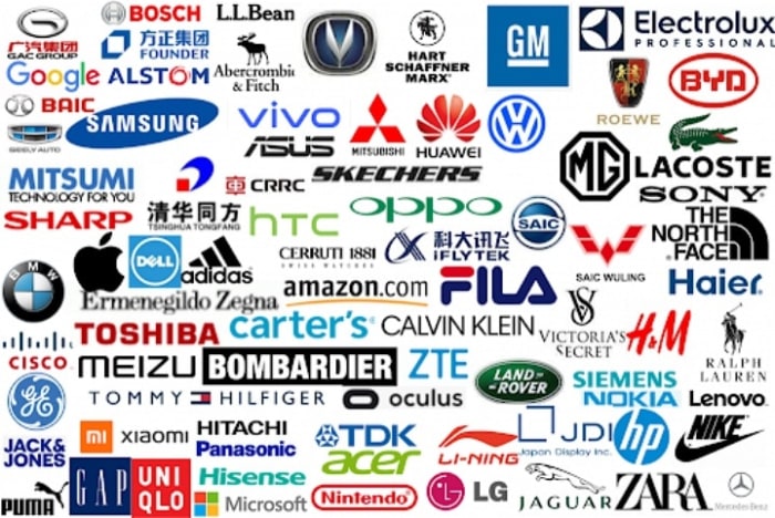 (Abercrombie & Fitch, Acer, Adidas, Alstom, Amazon, Apple, ASUS, BAIC Motor, BMW, Bombardier, Bosch, BYD, Calvin Klein, Candy, Carter’s, Cerruti 1881, Changan Automobile, Cisco, CRRC, Dell, Electrolux, Fila, Founder Group, GAC Group (automobiles), Gap, Geely Auto, General Electric, General Motors, Google, H&M, Haier, Hart Schaffner Marx, Hisense, Hitachi, HP, HTC, Huawei, iFlyTek, Jack & Jones, Jaguar, Japan Display Inc., L.L.Bean, Lacoste, Land Rover, Lenovo, LG, Li-Ning, Mayor, Meizu, Mercedes-Benz, MG, Microsoft, Mitsubishi, Mitsumi, Nike, Nintendo, Nokia, The North Face, Oculus, Oppo, Panasonic, Polo Ralph Lauren, Puma, Roewe, SAIC Motor, Samsung, SGMW, Sharp, Siemens, Skechers, Sony, TDK, Tommy Hilfiger, Toshiba, Tsinghua Tongfang, Uniqlo, Victoria’s Secret, Vivo, Volkswagen, Xiaomi, Zara, Zegna, ZTE)