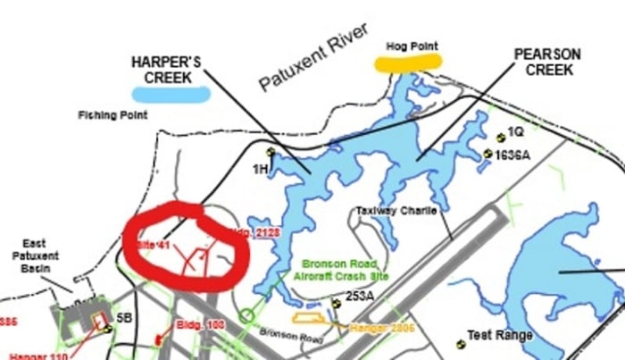 Site 41, the old fire-fighting burn pad, is shown in proximity to the Patuxent River, Harper’s Creek, and Hog Point on the Chesapeake Bay. The burn pad is located about 1,200 feet from the river.