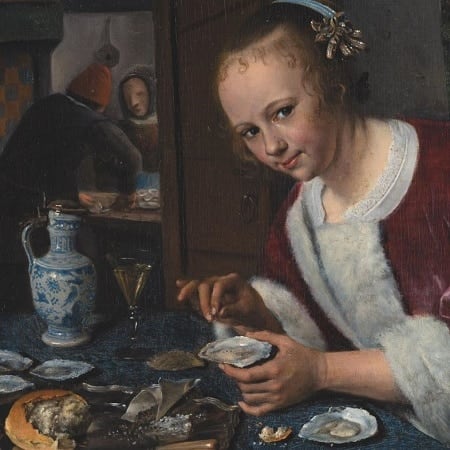 The Oyster Eater (Dutch - Het oestereetstertje) c.1658-1660 small oil on panel painting by Jan Steen