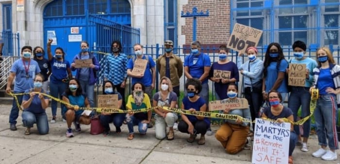 Staff protested at Grace Dodge High School in the Bronx. New York required staff to return to school buildings despite an outcry over virus risks. Photo: MORE