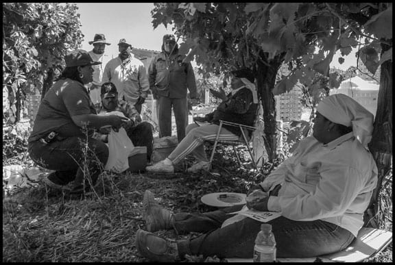 During the 2007 UFW campaign to organize grape pickers for the huge VBZ grower in Delano, organizer Yolanda Serna talks to workers eating lunch.