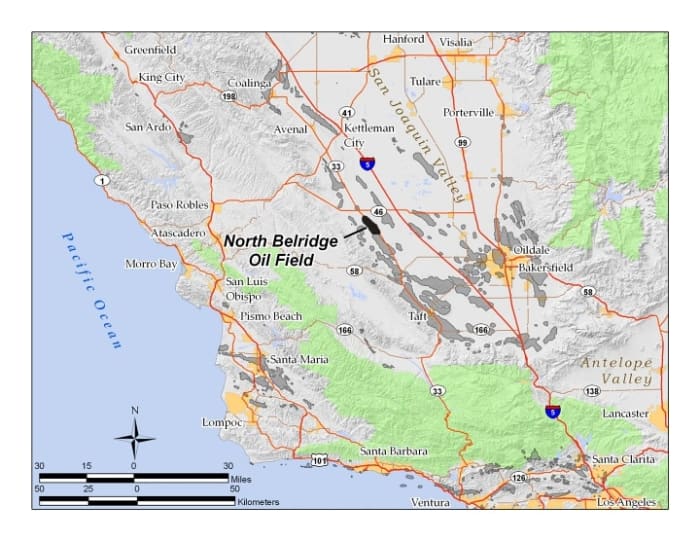 The North Belridge Oil Field in Kern County. Other oil fields are shown in gray. Image by Antandrus.
