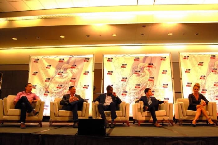 The so-called' Socialists" panel: From Right to left: Ana Kasparian, Bakari Sellers, David Pakman, Kyle Kulinski, and Markos Moulitsas.