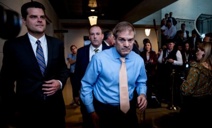 Representative Jim Jordan of Ohio, center, and other Republicans plan to argue that President Trump did nothing wrong — and certainly nothing impeachable.Credit...Anna Moneymaker/The New York Times
