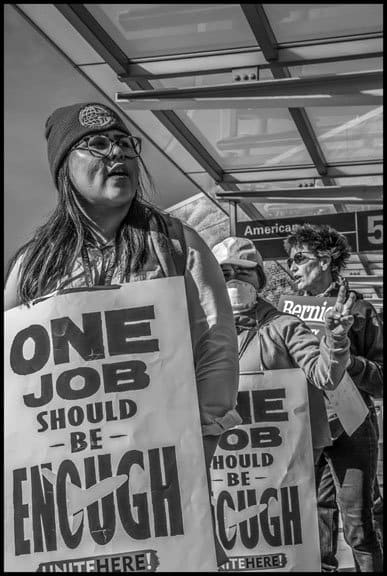 Supporters of Bernie Sanders picket with airline food workers. UNITE HERE Local 2 has endorsed Sanders.