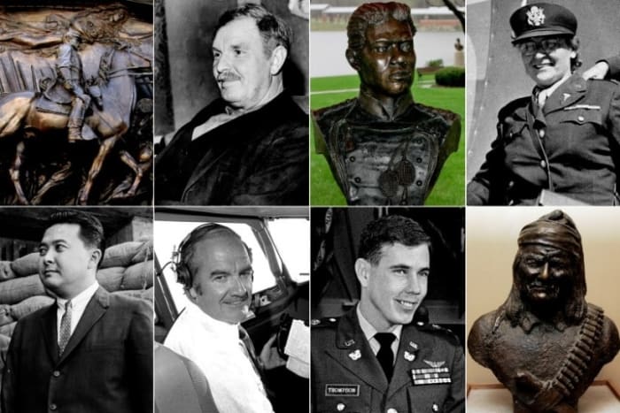 Top row, from left: memorial to Robert Gould Shaw in Boston; Alvin York; a bust of Lt. Henry Flipper; then-Capt. Josephine Nesbit; bottom row, from left: Daniel Inouye in 1959; George McGovern in 1972; Chief Warrant Officer Hugh Thompson in 1969; a bust of Geronimo in the museum at Ft. Sill in Oklahoma. (Associated Press)