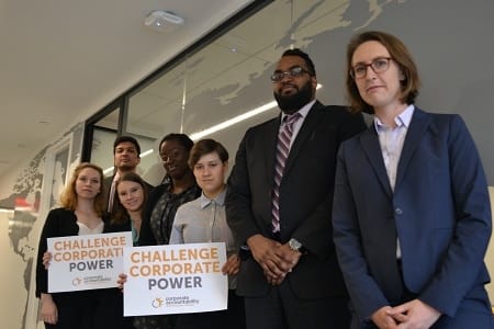 Corporate Accountability staff at the annual Altria shareholder meeting to demand the corporation stop interfering in public health policy. Photo credit: Corporate Accountability