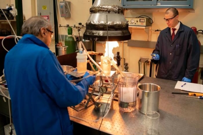 Naval Research Lab Chemical Engineers test an experimental aqueous film-forming foam at the Naval Research Lab in Washington, Sept. 23, 2019.