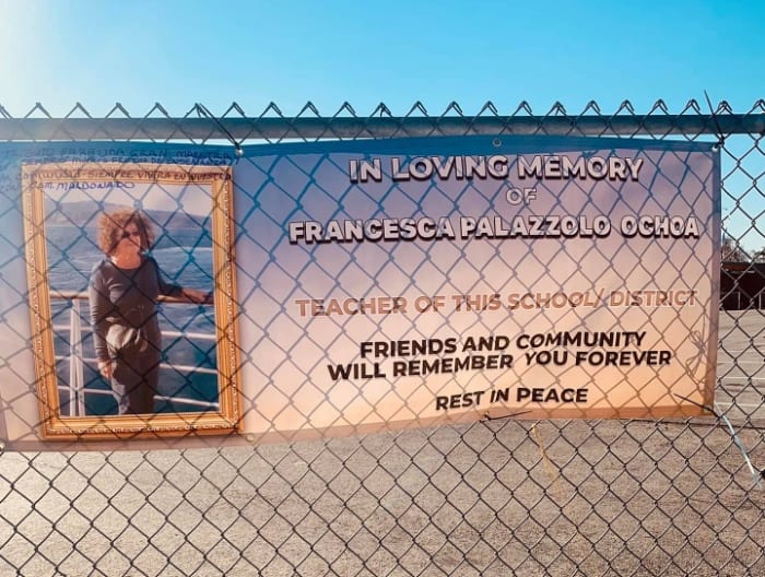 Banner Remembering Francesca P. Ochoa in Front of Sparks Middle School by La Puente Community Member Manuel Maldonado
