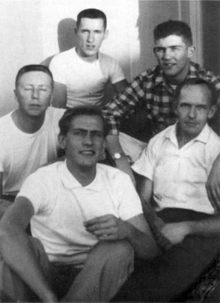 Rare photo of several of the seven founding members of Mattachine circa 1952 whose names are in capital letters. Clockwise from top KONRAD STEVENS, an unidentified man, BOB HULL, JIM GRUBER, CHUCK ROWLAND.
