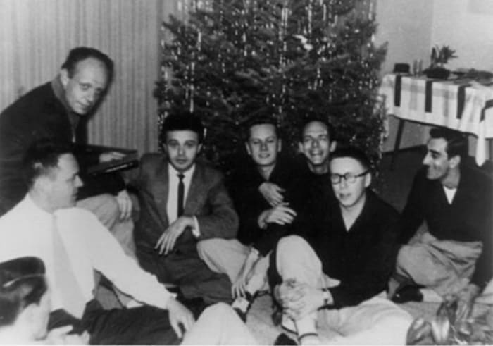 Rare photo of Mattachine gathering circa 1952 in L.A. The names in capital letters are several of the seven founding members. Left to right, HARRY HAY, DALE JENNINGS (white shirt). RUDI GERNREICH, Stan Witt, BOB HULL, CHUCK ROWLAND (with glasses) and Paul Bernard.