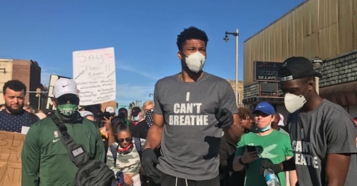 Milwaukee Bucks star and reigning MVP Giannis Antetokoumpos joined protests in Milwaukee, June 6, 2020.