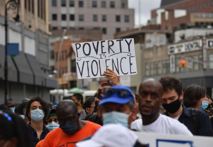 Protestors demonstrate during a 'No Evictions, No Police' national day of action protest against law enforcement who forcibly remove people from homes on September 1, 2020, in New York City. ANGELA WEISS / AFP VIA GETTY IMAGES