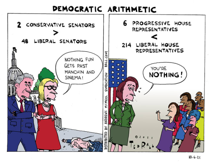 Democrats are fighting internally between their progressive and centrist wings over infrastructure bills, one for actual buildings, the other one for actual human beings. Interestingly, two right wing senators control what comes out of the US Senate even though they are only a tiny minority. Over in the House of Representatives, on the other hand, the small minority progressive squad is dismissed as the small minority that they are. What both assumptions have in common is that right wing politics are always considered normative.