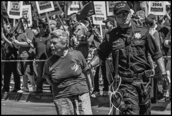 Delia Medina and other workers and supporters got arrested on Labor Day in front of the St. Francis Hotel, at the beginning of the union contract campaign that led to the strike and lockout in 2004.