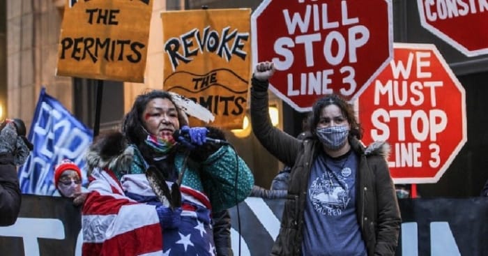 On January 29, 2021, hundreds of people gathered in St. Paul, Minnesota to demand that President Joe Biden and Democratic Gov. Tim Walz take action to stop the Line 3 pipeline. (Photo: @ResistLine3/Twitter)