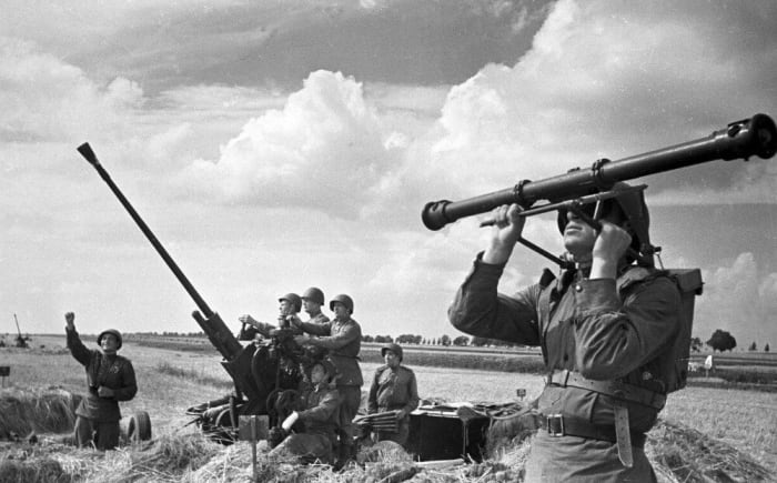 Soviet anti-aircraft battery. While some equipment came from the West, the bulk of the armaments were manufactured by the Soviets, under horrendous conditions. Despite this, by the end of the war Russia was fielding more and better tanks than the Germans, and had managed to develop sophisticated designs for a variety of important tactical weapons, including aircraft. The Great War proved to the world that the workers’ state was resilient beyond any expectations. By 1945 the USSR was the largest military power in the Eurasian continent.