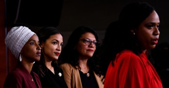 Rep. Ayanna Pressley (D-Mass.) speaks as Reps. Ilhan Omar (D-Minn.), Rashida Tlaib (D-Mich), and Alexandria Ocasio-Cortez (D-N.Y.) hold a press conference at the U.S. Capitol on July 15, 2019. (Photo: Brendan Smialowski/AFP/Getty Images)