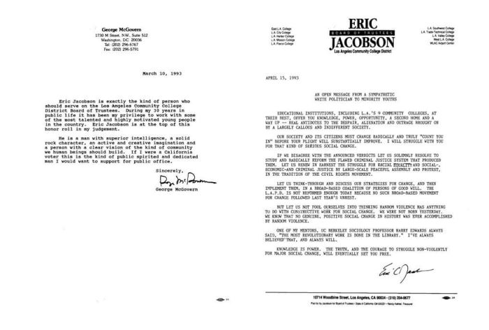 Endorsement letter from George McGovern, March, 1993/Candidate's letter to minority students, April 1993