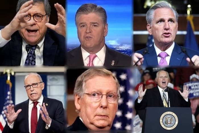 top (l to r) Attorney General Bill Barr, Fox Personality Sean Hannity, Minority Leader Kevin McCarthy Bottom (l-r) Director of U.S. National Economic Coucil Larry Kudlow, Sen Majority Leader Mitch McConnel, Radio Shock Jock Rush Limbaugh