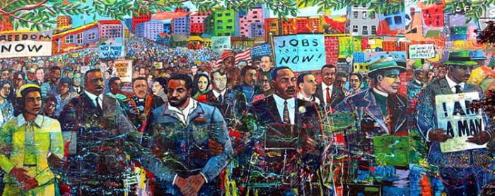 The Martin Luther King, Jr. Memorial Mural in Atlanta, Georgia chronicles the entwined story of King and the civil rights movement, from the murder of Emmett Till to Bull Connor’s attacking police dogs. (Photo by Wally Gobetz via Flickr)