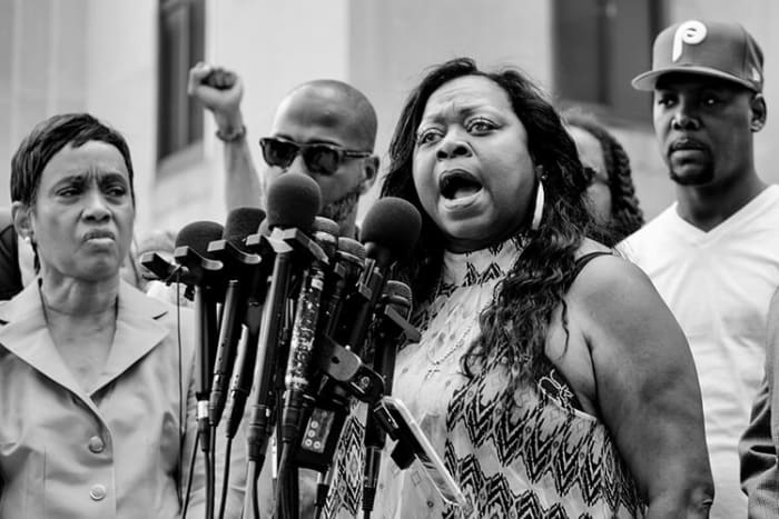 Philando Castile’s mother, Valerie Castile, speaks outside of the Ramsey County Courthouse in St. Paul, Minnesota, after a not-guilty verdict was reached for Jeronimo Yanez, who shot and killed her son during a traffic stop in July 2016. (Photo by Lorie Shaull via Flickr)