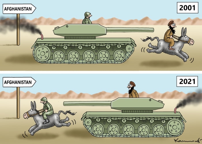 The Taliban in Afghanistan will Fill the Chasm Left by US A cartoon of 2001 v. 2021. In 2001 a White man in green fatigues drives a tank towards a Middle Eastern man running away on a Donkey. In 2021, the Middle Eastern man is now in the tank and he is chasing the White man in fatigues (who is now riding the donkey) out of Afghanistan.