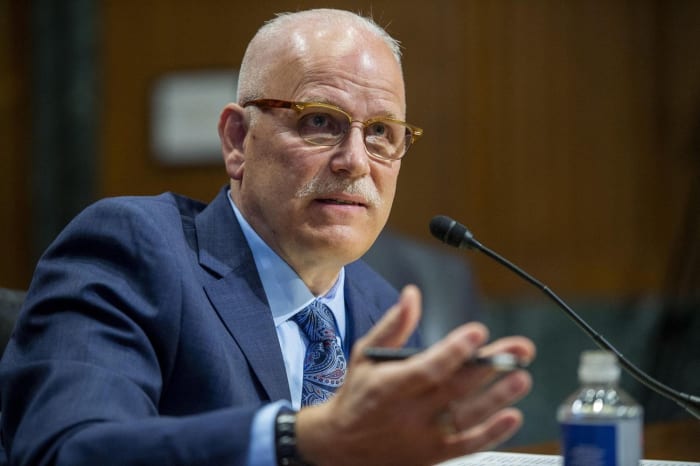 Chris Magnus at the Senate Finance Committee in Washington, D.C., during his nominating hearing for Commissioner of U.S. Customs and Border Protection on Oct 19, 2021. Photo by Rod Lamkey/Pool/ABACAPRESS.COM via Alamy