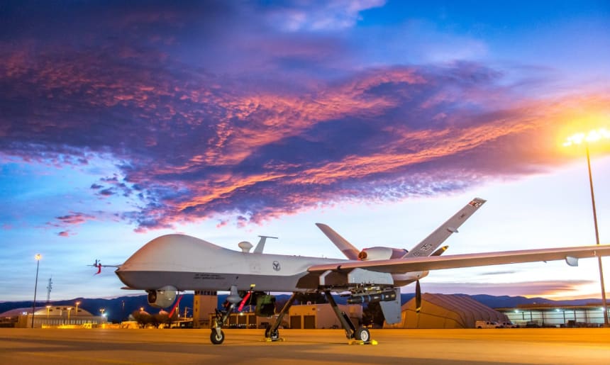 The sun rises over an MQ-9 Reaper remotely piloted aircraft at Holloman Air Force Base, New Mexico. Photo: J.M. Eddins Jr.