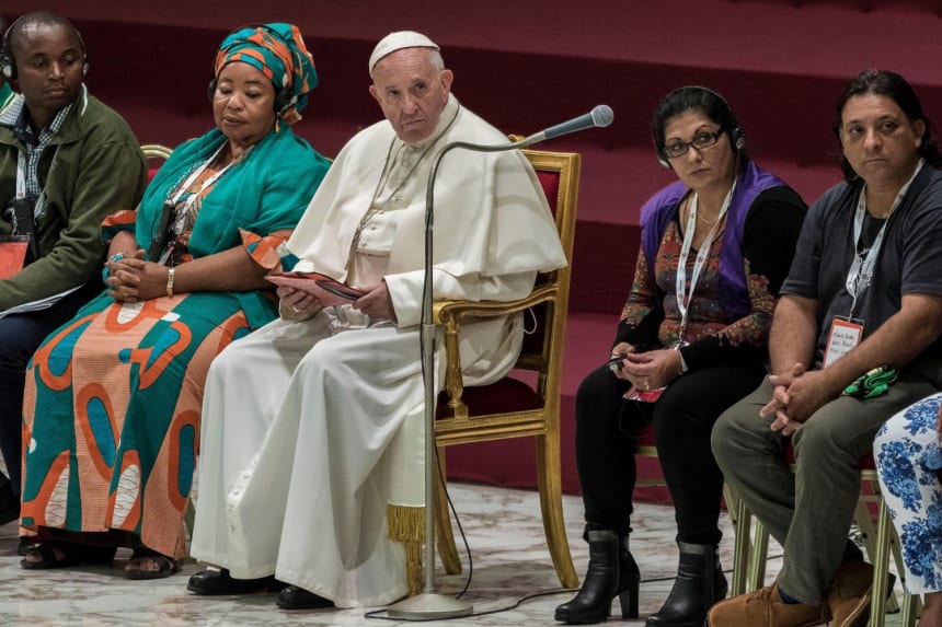 Pope Francis attends an audience in Vatican City in 2016 with representatives of the Third World Meeting of Popular Movements.The meeting brought together organizations of people on the margins of society, including those experiencing poverty, and unemployment, and who have lost their land. Photo: Giuseppe Ciccia/Pacific Press via Alamy