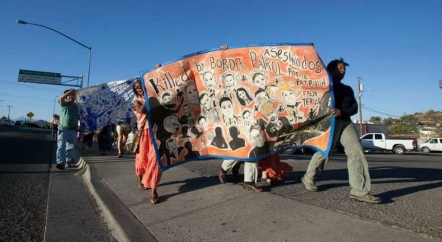 Members of the Border Patrol Victims Network, a group that seeks an end to what it calls a “culture of violence and impunity” within the Border Patrol, during a demonstration in Nogales, Sonora, Mexico, on June 24, 2020. Photo Richard Boren/Border Patrol Victims Network.
